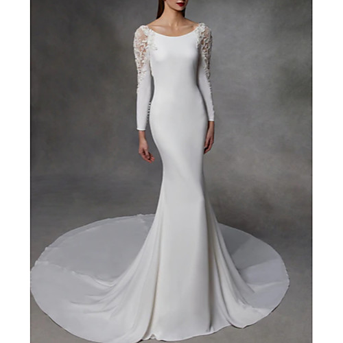 

Mermaid / Trumpet Wedding Dresses Jewel Neck Court Train Stretch Satin Lace Over Satin Long Sleeve Simple Sexy Illusion Detail Backless with Lace Insert 2021