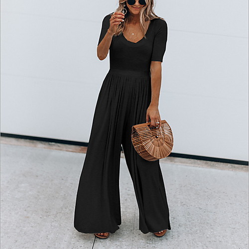 

Women's Basic Deep V Black Wine Navy Blue Slim Jumpsuit Onesie, Solid Colored S M L