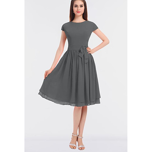 

A-Line Jewel Neck Knee Length Chiffon Bridesmaid Dress with Bow(s) / Ruching