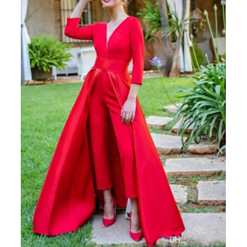 

Jumpsuits Elegant Prom Formal Evening Valentine's Day Dress V Neck 3/4 Length Sleeve Floor Length Satin with Overskirt Split Front 2021