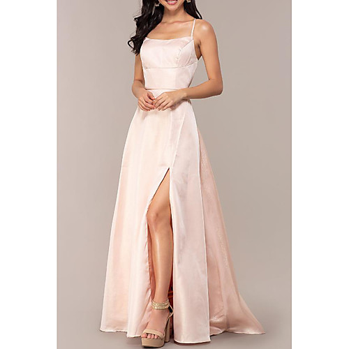 

A-Line Minimalist Prom Formal Evening Dress Scoop Neck Sleeveless Sweep / Brush Train Satin with Split Front 2021