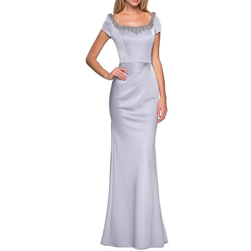 

Sheath / Column Mother of the Bride Dress Elegant & Luxurious Square Neck Floor Length Satin Short Sleeve with Beading 2021