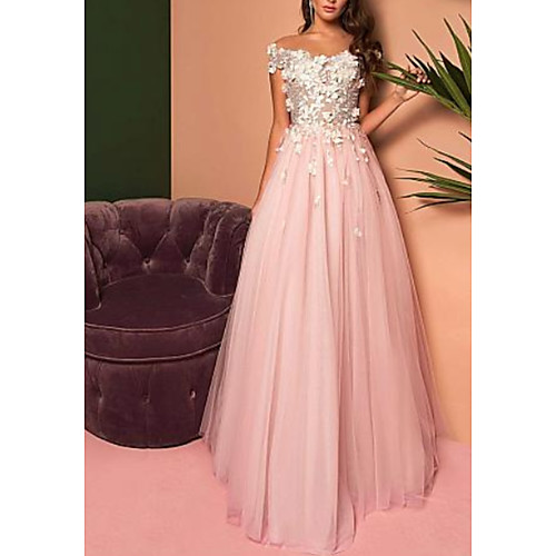 

A-Line Open Back Prom Dress Off Shoulder Short Sleeve Floor Length Lace Tulle with Pleats Appliques 2021