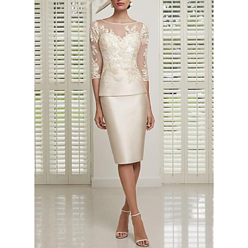 

Sheath / Column Mother of the Bride Dress See Through Jewel Neck Knee Length Satin Tulle 3/4 Length Sleeve with Embroidery 2021