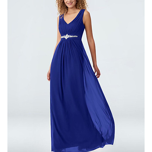 

A-Line Elegant Formal Evening Dress Plunging Neck Sleeveless Floor Length Chiffon with Pleats Crystal Brooch 2021