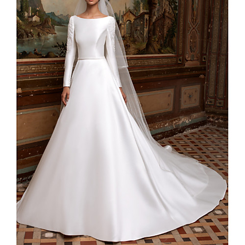 

A-Line Wedding Dresses Bateau Neck Sweep / Brush Train Lace Charmeuse Long Sleeve Formal Simple Plus Size Elegant with Lace Draping 2021