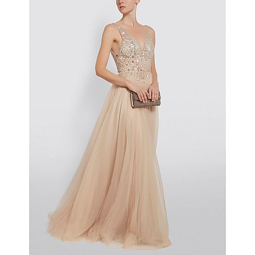 

A-Line Open Back Prom Dress Plunging Neck Sleeveless Floor Length Tulle with Beading 2021