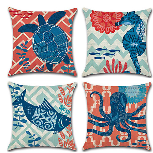 

4 pcs Linen Pillow Cover, Nautical Cartoon Cartoon Mediterranean Throw Pillow