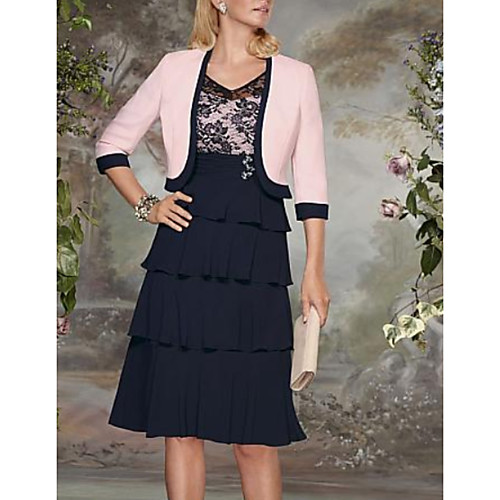 

A-Line Mother of the Bride Dress Wrap Included V Neck Knee Length Lace Jersey 3/4 Length Sleeve with Tier Ruching 2021