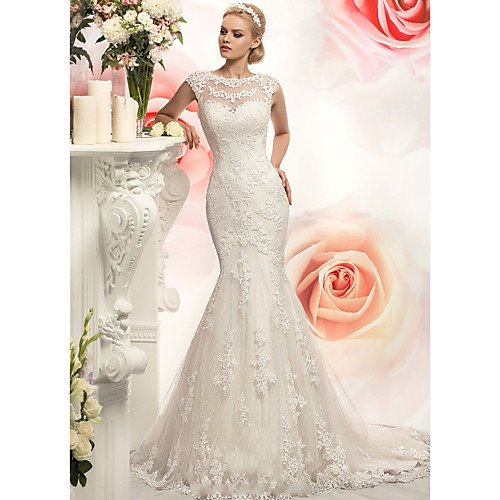 

Mermaid / Trumpet Wedding Dresses Jewel Neck Court Train Lace Tulle Cap Sleeve with Appliques 2021