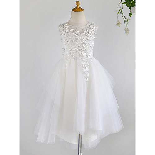 

Ball Gown Asymmetrical Flower Girl Dresses Wedding Lace Sleeveless Jewel Neck with Beading / First Communion