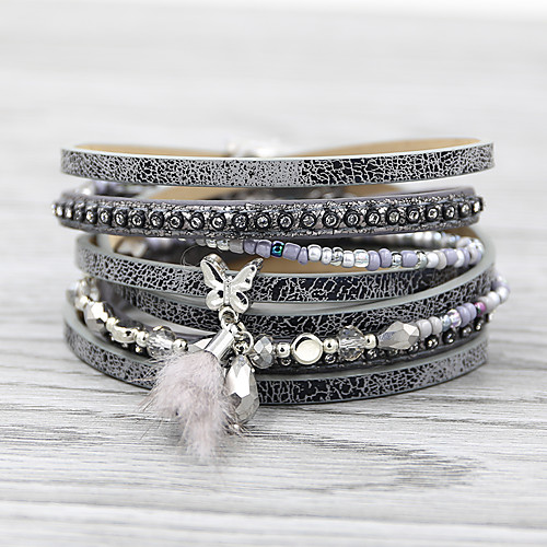 

Women's Charm Bracelet Bead Bracelet Wrap Bracelet Vintage Style Feather Simple Basic Holiday Ethnic Boho Rhinestone Bracelet Jewelry Gray For Graduation Gift Daily School Festival / Leather Bracelet