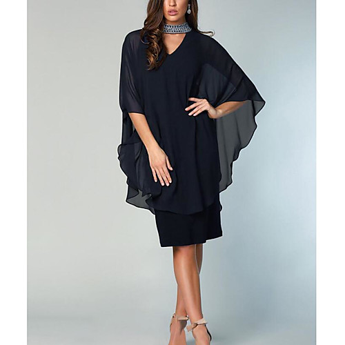 

Sheath / Column Mother of the Bride Dress Elegant High Neck Knee Length Chiffon Half Sleeve with Crystals 2021