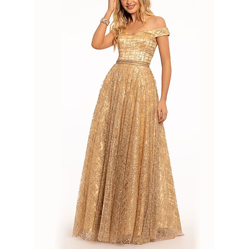 

A-Line Open Back Prom Formal Evening Dress Off Shoulder Short Sleeve Floor Length Polyester with Pleats Beading 2021