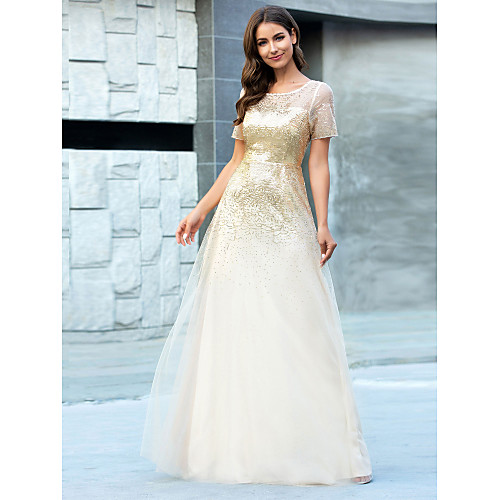 

A-Line Jewel Neck Floor Length Tulle Bridesmaid Dress with Sequin