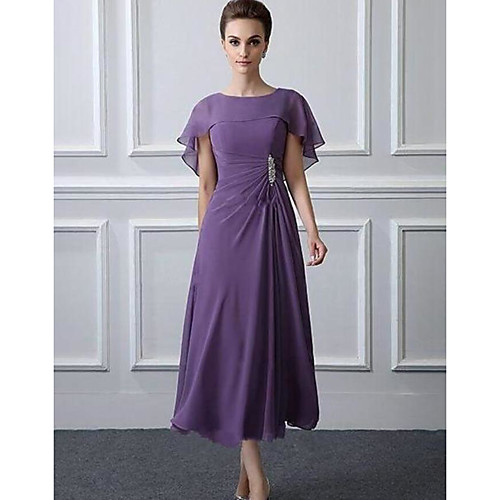

A-Line Mother of the Bride Dress Plus Size Bateau Neck Tea Length Chiffon Short Sleeve with Ruffles Crystal Brooch Ruching 2021