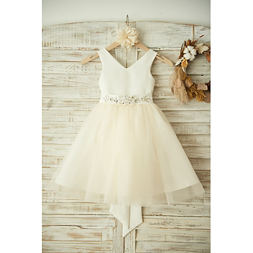 

Ball Gown Knee Length Flower Girl Dresses Wedding Satin Sleeveless V Neck with Bows