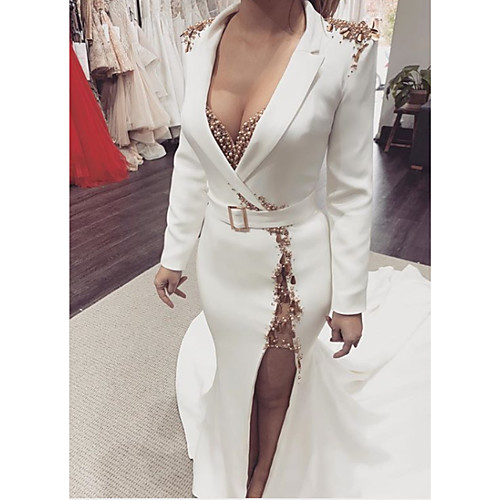 

Sheath / Column Elegant Wedding Guest Engagement Formal Evening Dress V Neck Long Sleeve Sweep / Brush Train Polyester with Sash / Ribbon Beading Split 2021