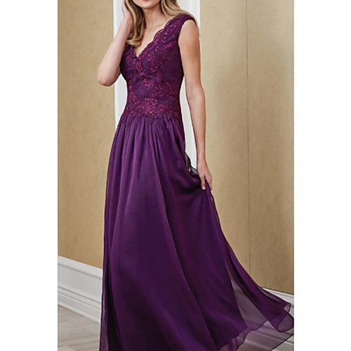 

A-Line Mother of the Bride Dress Elegant V Neck Floor Length Chiffon Lace Sleeveless with Appliques Ruching 2021
