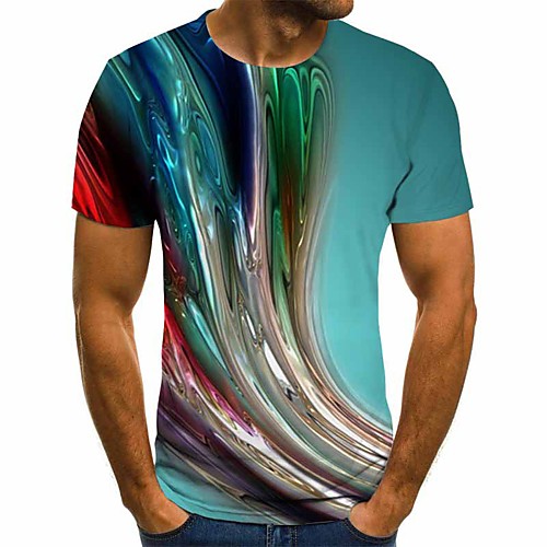 

Men's T shirt Shirt Geometric 3D Plus Size Print Short Sleeve Daily Tops Basic Streetwear Round Neck Blue