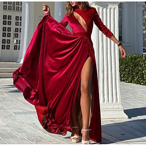 

A-Line Elegant Wedding Guest Engagement Formal Evening Dress Jewel Neck Long Sleeve Floor Length Charmeuse with Split Tier 2021