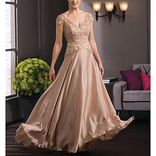 

A-Line Mother of the Bride Dress Elegant Plunging Neck Floor Length Lace Satin Short Sleeve with Lace 2021