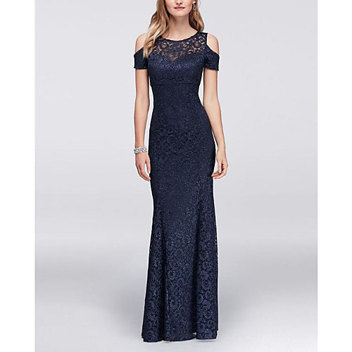 

Sheath / Column Elegant Prom Formal Evening Dress Jewel Neck Short Sleeve Floor Length Lace Satin with Pleats 2021
