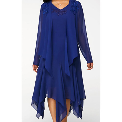 

Two Piece Mother of the Bride Dress Elegant V Neck Knee Length Chiffon Lace Long Sleeve with Draping 2021