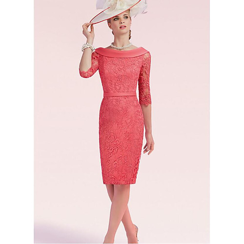 

Sheath / Column Mother of the Bride Dress Plus Size Bateau Neck Knee Length Lace Satin Half Sleeve with Sash / Ribbon Bow(s) Split Front 2021