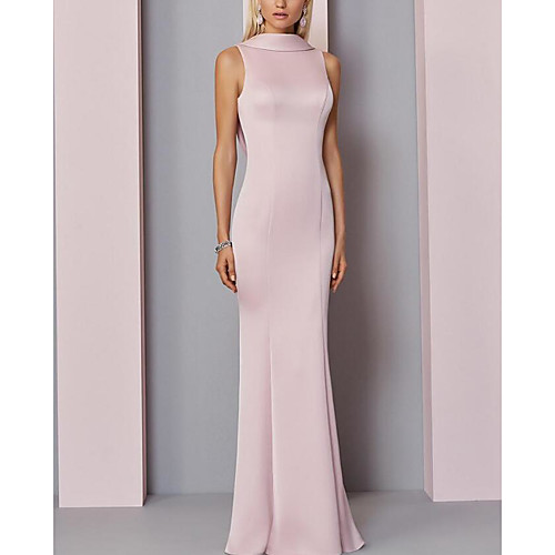 

Sheath / Column Elegant Engagement Formal Evening Dress High Neck Sleeveless Floor Length Satin with Pleats 2021