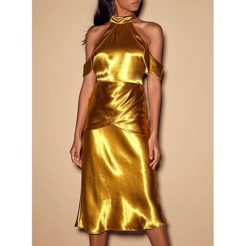 

Sheath / Column Party Wear Wedding Guest Cocktail Party Dress High Neck Short Sleeve Knee Length Satin with 2021