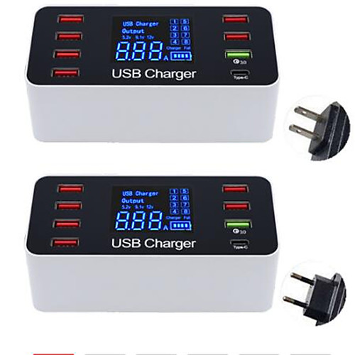 

LCD Digital Display 8-port USB Mobile Phone Tablet Smart Charger Qualcomm QC3.0 Type-c Fast Charge Head 40W