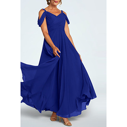 

A-Line Mother of the Bride Dress Elegant Plunging Neck Ankle Length Chiffon Short Sleeve with Ruching 2021