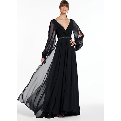 

A-Line Empire Holiday Formal Evening Dress V Neck Long Sleeve Floor Length Chiffon with Beading 2021