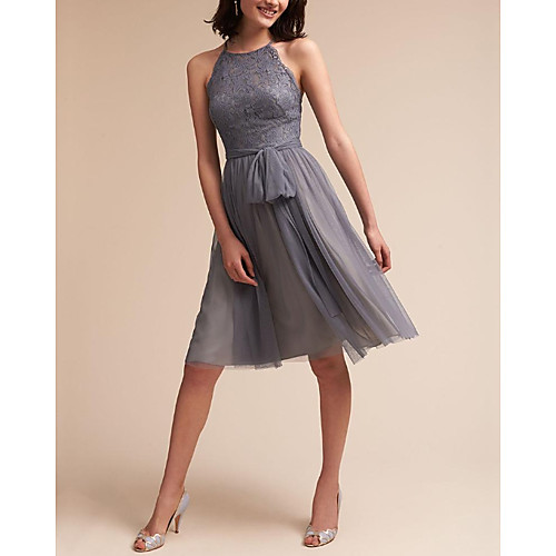 

A-Line Jewel Neck Knee Length Lace / Tulle Bridesmaid Dress with Sash / Ribbon