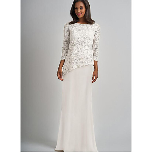 

Sheath / Column Mother of the Bride Dress Elegant & Luxurious Bateau Neck Floor Length Chiffon Lace 3/4 Length Sleeve with Lace 2021