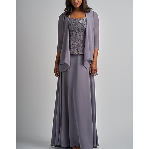 

Two Piece A-Line Mother of the Bride Dress Elegant Wrap Included Square Neck Floor Length Chiffon Lace 3/4 Length Sleeve with Appliques 2021