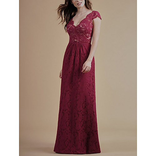 

A-Line Plunging Neck Floor Length Lace Bridesmaid Dress with