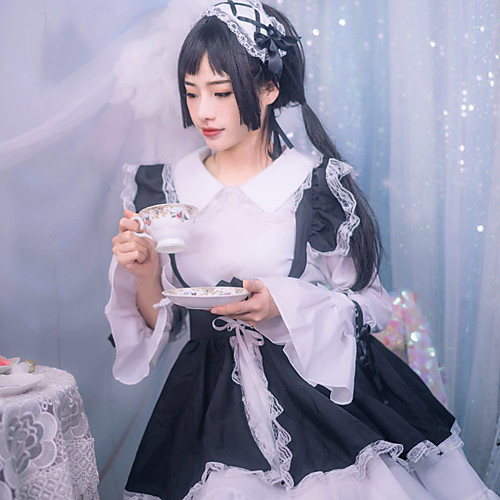 

Sweet Lolita Maid Uniforms Vacation Dress Dress Female Japanese Cosplay Costumes Black Color Block Bowknot Long Sleeve / Apron