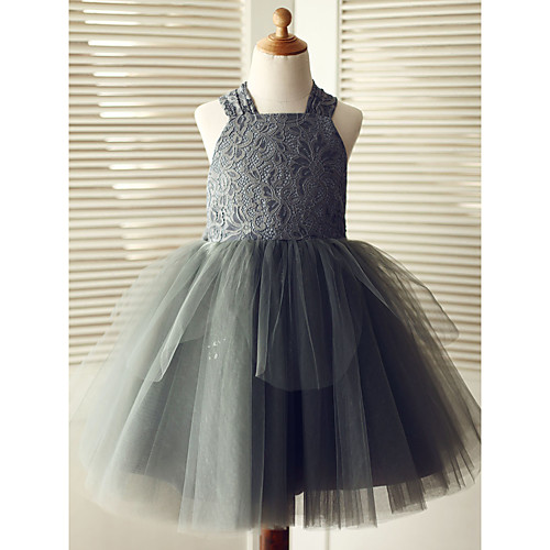 

Ball Gown Knee Length Flower Girl Dresses Wedding Lace Sleeveless Square Neck with Bows
