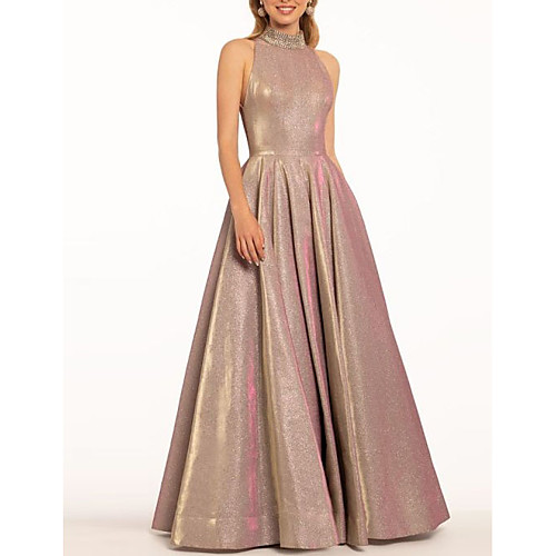 

A-Line Elegant Prom Formal Evening Dress High Neck Sleeveless Floor Length Polyester with Pleats Beading 2021