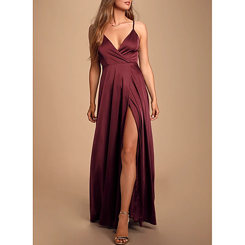 

A-Line Elegant Wedding Guest Prom Formal Evening Dress Spaghetti Strap Sleeveless Floor Length Satin with Pleats Split 2021