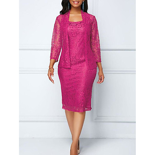 

Two Piece Sheath / Column Mother of the Bride Dress Wrap Included Scoop Neck Knee Length Lace Satin 3/4 Length Sleeve with Split Front 2021