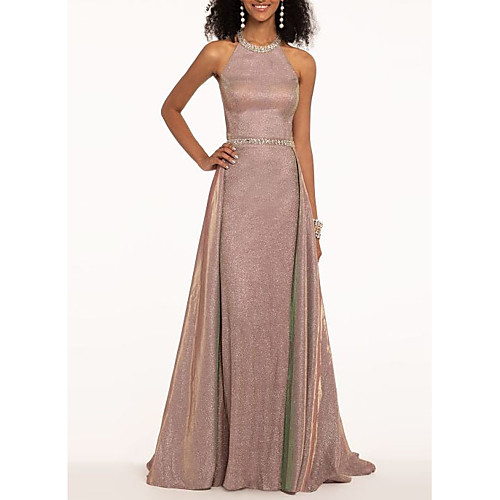 

A-Line Elegant Engagement Formal Evening Dress Halter Neck Sleeveless Sweep / Brush Train Polyester with Sash / Ribbon Beading 2021