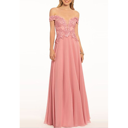 

A-Line Open Back Prom Formal Evening Dress Off Shoulder Short Sleeve Floor Length Chiffon with Pleats Appliques 2021