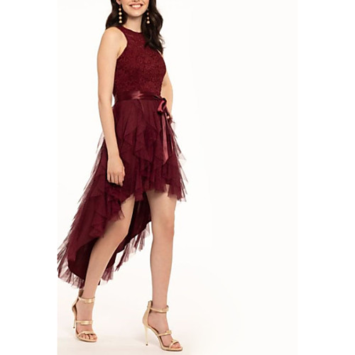 

A-Line Elegant Party Wear Cocktail Party Dress Jewel Neck Sleeveless Asymmetrical Lace Tulle with Sash / Ribbon Cascading Ruffles 2021