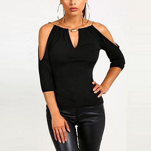 

Women's Solid Colored T-shirt Basic Long Sleeve Daily Tops Off Shoulder Black