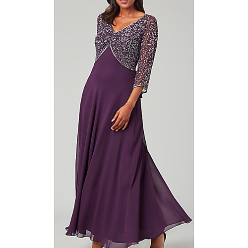 

A-Line Mother of the Bride Dress Elegant V Neck Ankle Length Chiffon Tulle 3/4 Length Sleeve with Crystals Appliques Ruching 2021