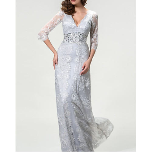 

A-Line Mother of the Bride Dress Elegant V Neck Floor Length Lace Charmeuse 3/4 Length Sleeve with Lace Appliques 2021