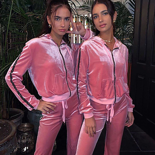 

Women's 2 Piece Full Zip Tracksuit Sweatsuit Jogging Suit Street Casual Winter Long Sleeve Pleuche Thermal Warm Breathable Soft Fitness Running Jogging Sportswear Stripes Track pants Blue Pink Front